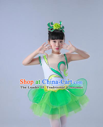 Top Grade Professional Compere Modern Dance Costume, Children Opening Dance Chorus Uniforms Jazz Dance Paillette Green Bubble Dress for Girls