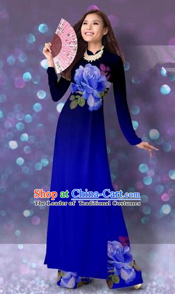 Traditional Top Grade Asian Vietnamese Costumes Classical Printing Cheongsam, Vietnam National Vietnamese Princess Royalblue Ao Dai Dress Dance Clothing