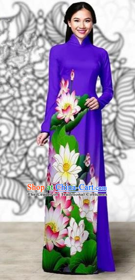 Traditional Top Grade Asian Vietnamese Costumes Classical Printing Lotus Cheongsam, Vietnam National Vietnamese Young Lady Miss Etiquette Purple Ao Dai Dress