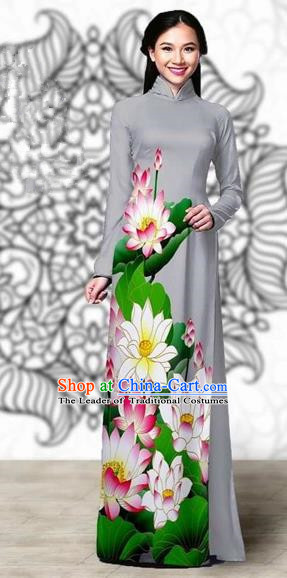 Traditional Top Grade Asian Vietnamese Costumes Classical Printing Lotus Cheongsam, Vietnam National Vietnamese Young Lady Miss Etiquette Grey Ao Dai Dress