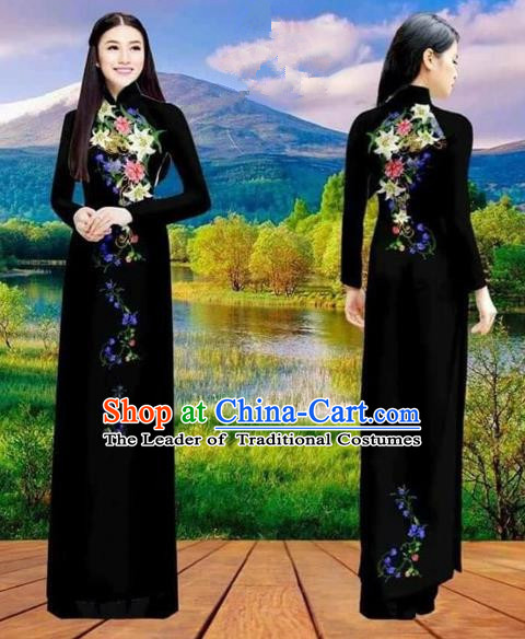 Traditional Top Grade Asian Vietnamese Costumes Classical Double-sided Printing Cheongsam, Vietnam National Vietnamese Princess Bride Black Ao Dai Dress Dance Clothing