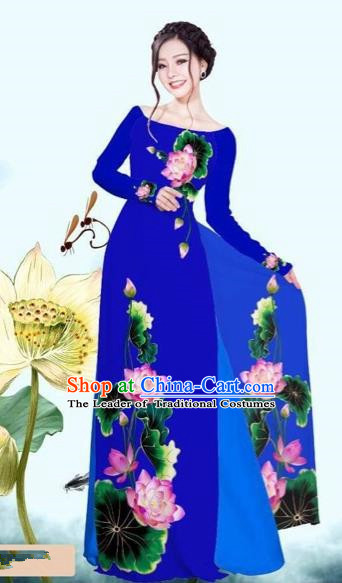 Traditional Top Grade Asian Vietnamese Costumes Classical Printing Lotus Royalblue Cheongsam, Vietnam National Vietnamese Princess Bride Off Shoulder Ao Dai Dress