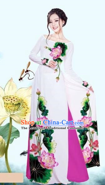 Traditional Top Grade Asian Vietnamese Costumes Classical Printing Lotus White Cheongsam, Vietnam National Vietnamese Princess Bride Off Shoulder Ao Dai Dress