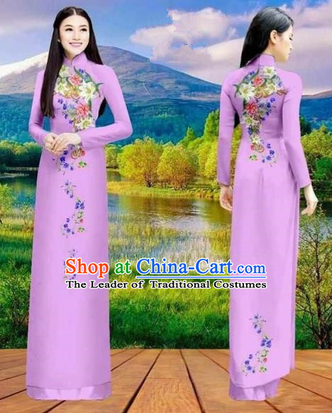 Traditional Top Grade Asian Vietnamese Costumes Classical Double-sided Printing Cheongsam, Vietnam National Vietnamese Princess Bride Purple Ao Dai Dress Dance Clothing