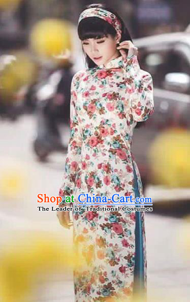 Traditional Top Grade Asian Vietnamese Costumes Classical Printing Cheongsam, Vietnam National Vietnamese Princess Bride Ao Dai Dress Dance Clothing