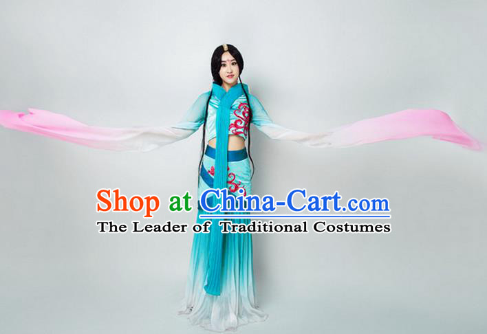 Traditional Chinese Ancient Princess Dance Costume, Women Flying Dance Water Sleeve Clothing, Umbrella Dance Blue Dress for Women