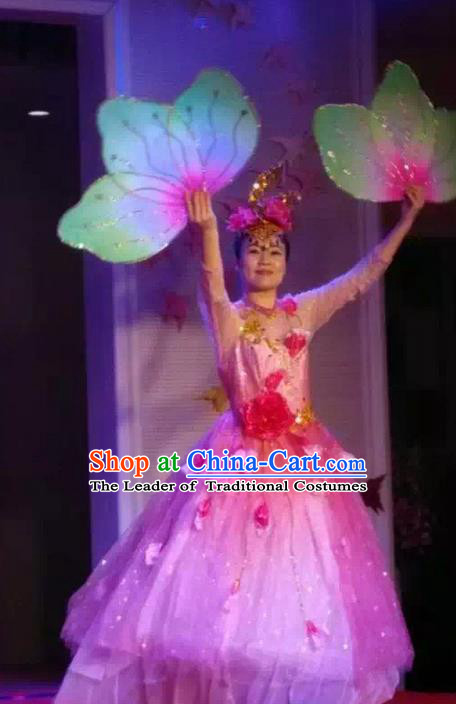 Traditional Chinese Modern Dancing Costume, Women Opening Classic Chorus Singing Group Dance Flowers Costume, Umbrella Dance Pink Bubble Dress for Women