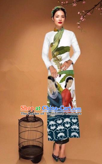 Traditional Top Grade Asian Vietnamese Costumes Classical Printing Cheongsam, Vietnam National Vietnamese Bride White Ao Dai Dress Tang Suit Clothing