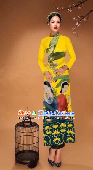 Traditional Top Grade Asian Vietnamese Costumes Classical Printing Cheongsam, Vietnam National Vietnamese Bride Yellow Ao Dai Dress Tang Suit Clothing