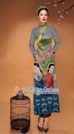 Traditional Top Grade Asian Vietnamese Costumes Classical Printing Cheongsam, Vietnam National Vietnamese Bride Grey Ao Dai Dress Tang Suit Clothing