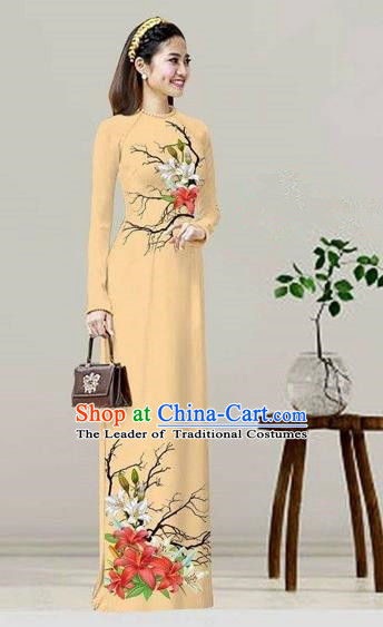 Traditional Top Grade Asian Vietnamese Costumes Classical Printing Khaki Cheongsam, Vietnam National Vietnamese Bride Ao Dai Dress