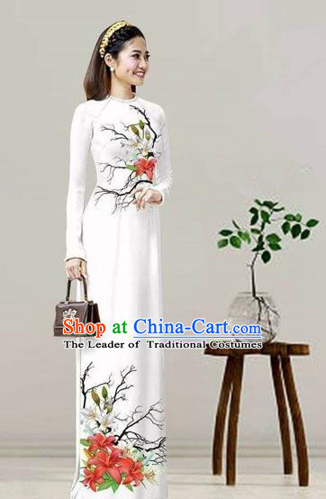 Traditional Top Grade Asian Vietnamese Costumes Classical Printing White Cheongsam, Vietnam National Vietnamese Bride Ao Dai Dress