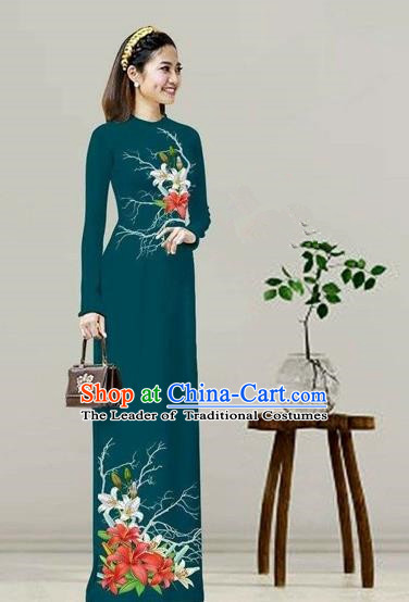 Traditional Top Grade Asian Vietnamese Costumes Classical Printing Peacock Green Cheongsam, Vietnam National Vietnamese Bride Ao Dai Dress