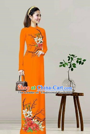 Traditional Top Grade Asian Vietnamese Costumes Classical Printing Orange Cheongsam, Vietnam National Vietnamese Bride Ao Dai Dress