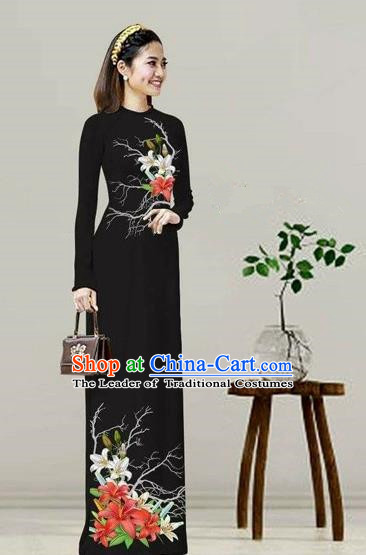 Traditional Top Grade Asian Vietnamese Costumes Classical Printing Black Cheongsam, Vietnam National Vietnamese Bride Ao Dai Dress