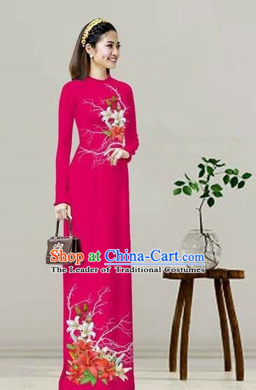 Traditional Top Grade Asian Vietnamese Costumes Classical Printing Rosy Cheongsam, Vietnam National Vietnamese Bride Ao Dai Dress