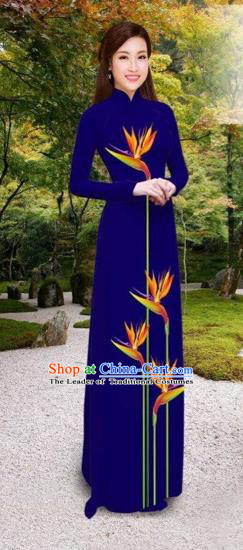 Traditional Top Grade Asian Vietnamese Costumes Classical Printing Long Cheongsam, Vietnam National Vietnamese Princess Bride Royalblue Ao Dai Dress