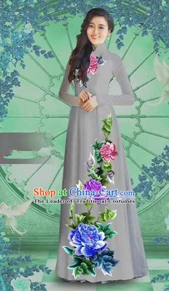 Traditional Top Grade Asian Vietnamese Costumes Classical Printing Grey Chiffon Cheongsam, Vietnam National Vietnamese Bride Ao Dai Dress