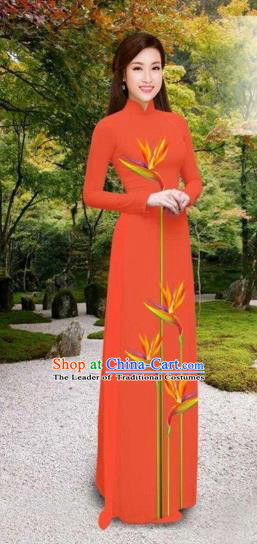 Traditional Top Grade Asian Vietnamese Costumes Classical Printing Long Cheongsam, Vietnam National Vietnamese Princess Bride Orange Ao Dai Dress