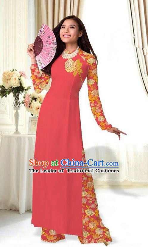 Top Grade Asian Vietnamese Costumes Classical Jing Nationality Printing Flower Watermelon Red Cheongsam, Vietnam National Vietnamese Traditional Princess Ao Dai Dress