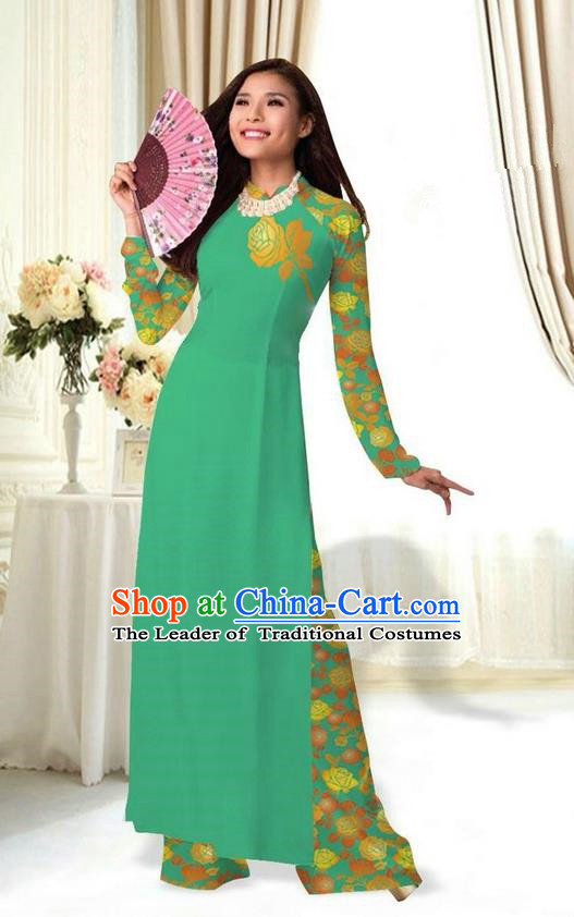 Top Grade Asian Vietnamese Costumes Classical Jing Nationality Printing Flower Green Cheongsam, Vietnam National Vietnamese Traditional Princess Ao Dai Dress