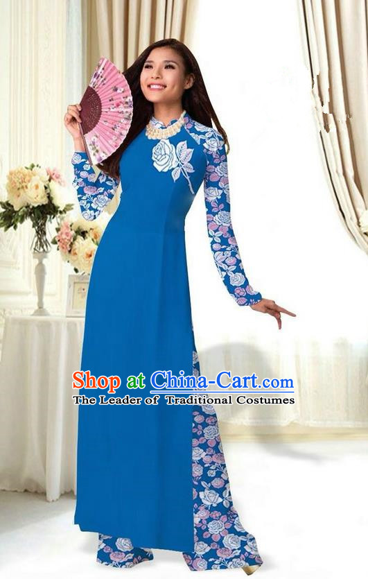 Top Grade Asian Vietnamese Costumes Classical Jing Nationality Printing Flower Peacock Blue Cheongsam, Vietnam National Vietnamese Traditional Princess Ao Dai Dress