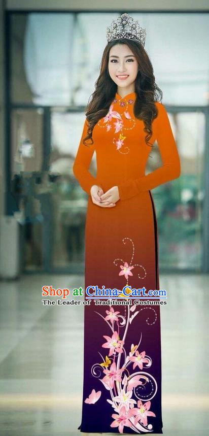 Top Grade Asian Vietnamese Costumes Classical Jing Nationality Printing Handmade Coffee Cheongsam, Vietnam National Vietnamese Traditional Princess Ao Dai Dress