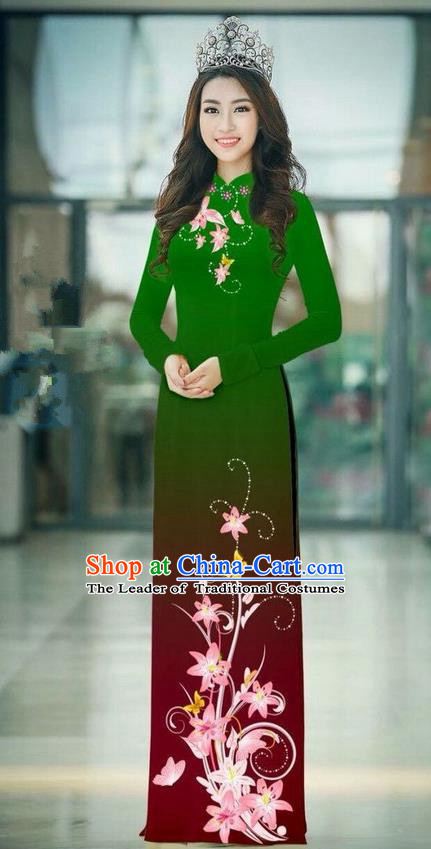 Top Grade Asian Vietnamese Costumes Classical Jing Nationality Printing Handmade Green Cheongsam, Vietnam National Vietnamese Traditional Princess Ao Dai Dress