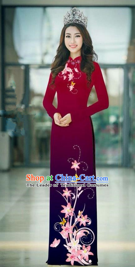 Top Grade Asian Vietnamese Costumes Classical Jing Nationality Printing Handmade Wine Red Cheongsam, Vietnam National Vietnamese Traditional Princess Ao Dai Dress