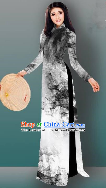 Top Grade Asian Vietnamese Costumes Classical Jing Nationality Gradient Watercolor Printing Cheongsam, Vietnam National Vietnamese Traditional Princess Ao Dai Dress for Women