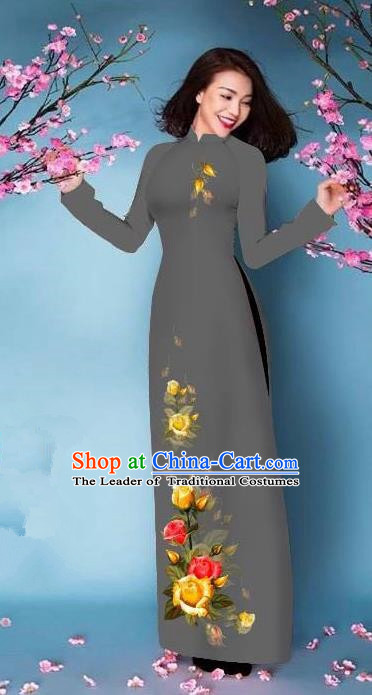 Top Grade Asian Vietnamese Costumes Classical Jing Nationality Printing Handmade Grey Cheongsam, Vietnam National Vietnamese Bride Traditional Princess Ao Dai Dress