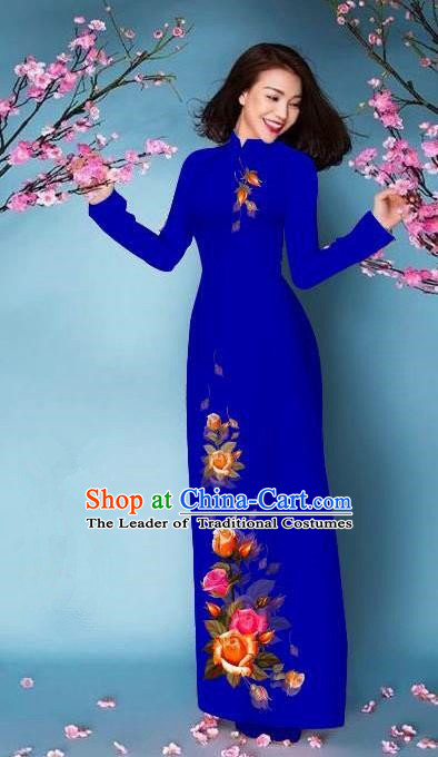 Top Grade Asian Vietnamese Costumes Classical Jing Nationality Printing Handmade Royalblue Cheongsam, Vietnam National Vietnamese Bride Traditional Princess Ao Dai Dress