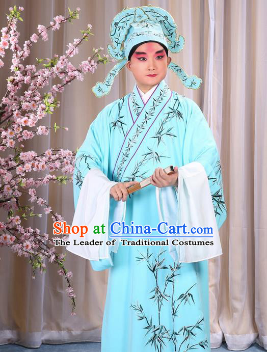 Traditional Chinese Beijing Opera Blue Dress Clothing, China Peking Opera Young Man Costume Embroidered Bamboo Leaf Robe Opera Costumes