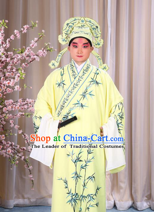 Traditional Chinese Beijing Opera Yellow Dress Clothing, China Peking Opera Young Man Costume Embroidered Bamboo Leaf Robe Opera Costumes