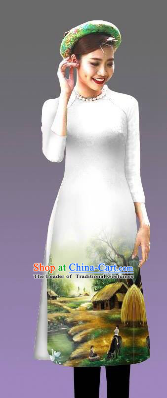 Top Grade Asian Vietnamese Costumes Classical Jing Nationality Landscape Painting Cheongsam, Vietnam National Vietnamese Bride Traditional Princess White Ao Dai Dress