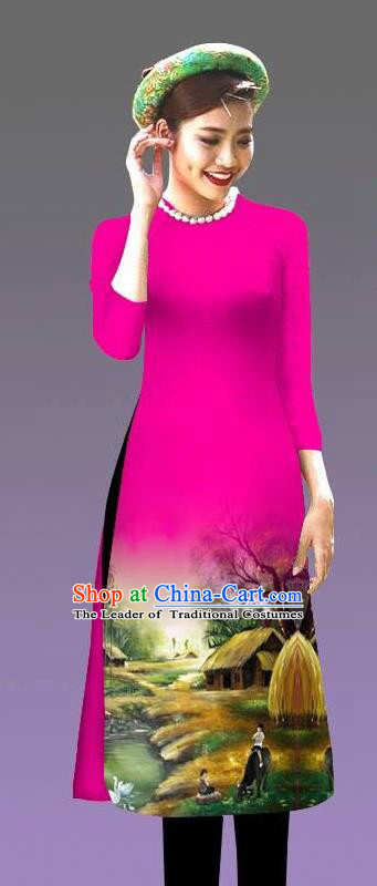 Top Grade Asian Vietnamese Costumes Classical Jing Nationality Landscape Painting Cheongsam, Vietnam National Vietnamese Bride Traditional Princess Rosy Ao Dai Dress