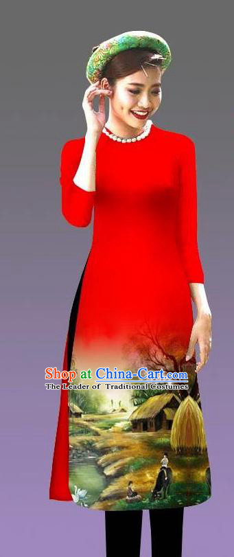 Top Grade Asian Vietnamese Costumes Classical Jing Nationality Landscape Painting Cheongsam, Vietnam National Vietnamese Bride Traditional Princess Red Ao Dai Dress