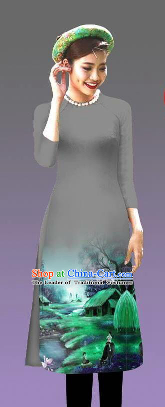 Top Grade Asian Vietnamese Costumes Classical Jing Nationality Landscape Painting Cheongsam, Vietnam National Vietnamese Bride Traditional Princess Grey Ao Dai Dress