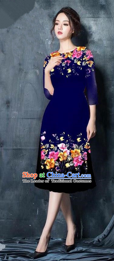 Top Grade Asian Vietnamese Costumes Classical Jing Nationality Short Cheongsam, Vietnam National Vietnamese Bride Traditional Princess Navy Ao Dai Dress