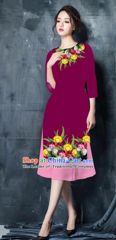 Top Grade Asian Vietnamese Costumes Classical Jing Nationality Short Cheongsam, Vietnam National Vietnamese Bride Traditional Princess Wine Red Ao Dai Dress