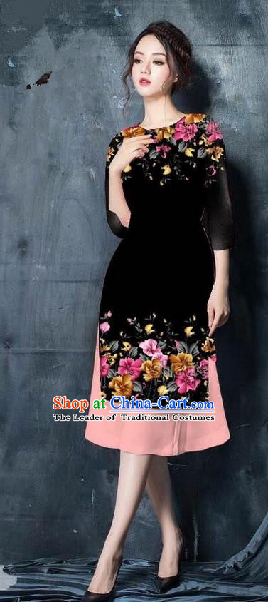 Top Grade Asian Vietnamese Costumes Classical Jing Nationality Short Printing Flowers Cheongsam, Vietnam National Vietnamese Bride Traditional Princess Black Ao Dai Dress