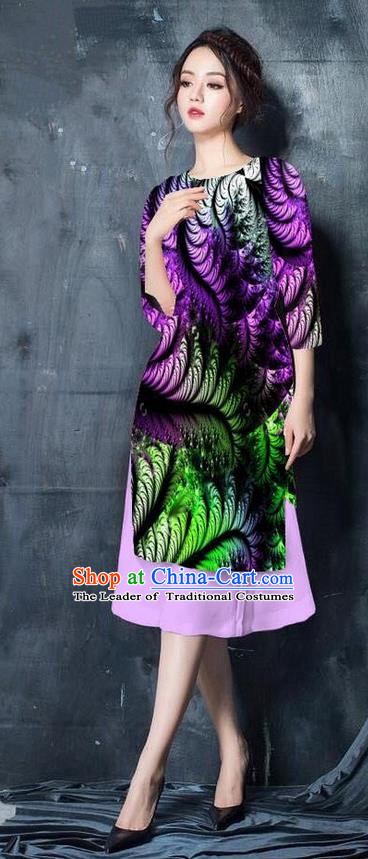 Top Grade Asian Vietnamese Costumes Classical Jing Nationality Printing Short Cheongsam, Vietnam National Vietnamese Bride Traditional Princess Purple Ao Dai Dress