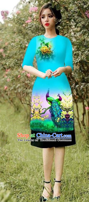 Top Grade Asian Vietnamese Costumes Classical Jing Nationality Peacock Pattern Short Cheongsam, Vietnam National Clothing Bride Traditional Blue Ao Dai Dress