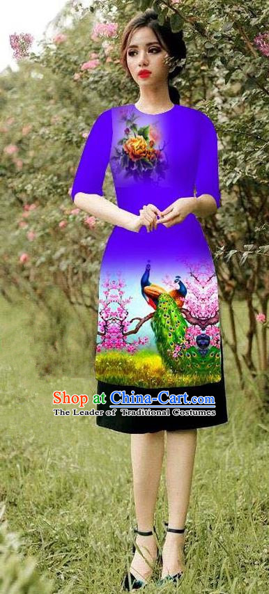 Top Grade Asian Vietnamese Costumes Classical Jing Nationality Peacock Pattern Short Cheongsam, Vietnam National Clothing Bride Traditional Purple Ao Dai Dress