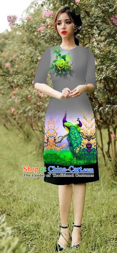 Top Grade Asian Vietnamese Costumes Classical Jing Nationality Peacock Pattern Short Cheongsam, Vietnam National Clothing Bride Traditional Grey Ao Dai Dress