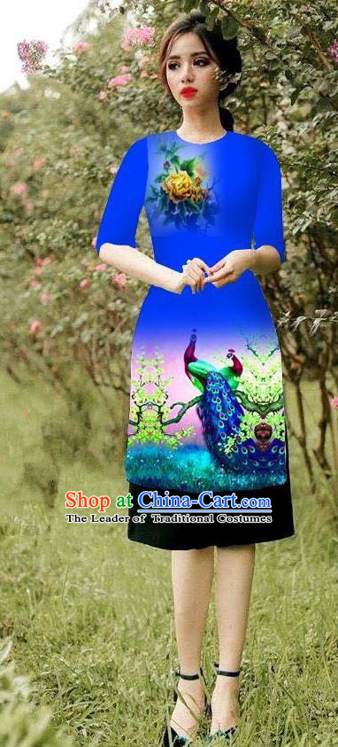 Top Grade Asian Vietnamese Costumes Classical Jing Nationality Peacock Pattern Short Cheongsam, Vietnam National Clothing Bride Traditional Royalblue Ao Dai Dress