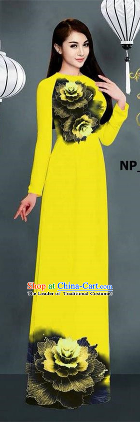 Top Grade Asian Vietnamese Costumes Classical Jing Nationality Printing Long Cheongsam, Vietnam National Clothing Bride Traditional Yellow Ao Dai Dress