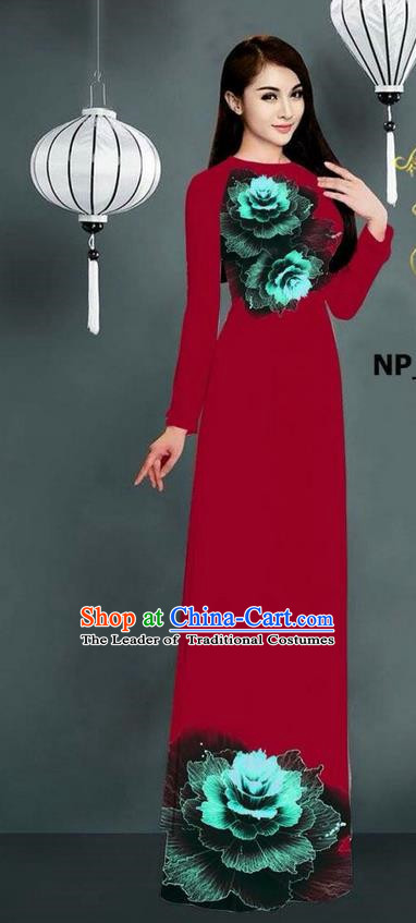 Top Grade Asian Vietnamese Costumes Classical Jing Nationality Printing Long Cheongsam, Vietnam National Clothing Bride Traditional Wine Red Ao Dai Dress