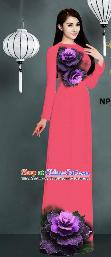 Top Grade Asian Vietnamese Costumes Classical Jing Nationality Printing Long Cheongsam, Vietnam National Clothing Bride Traditional Pink Ao Dai Dress