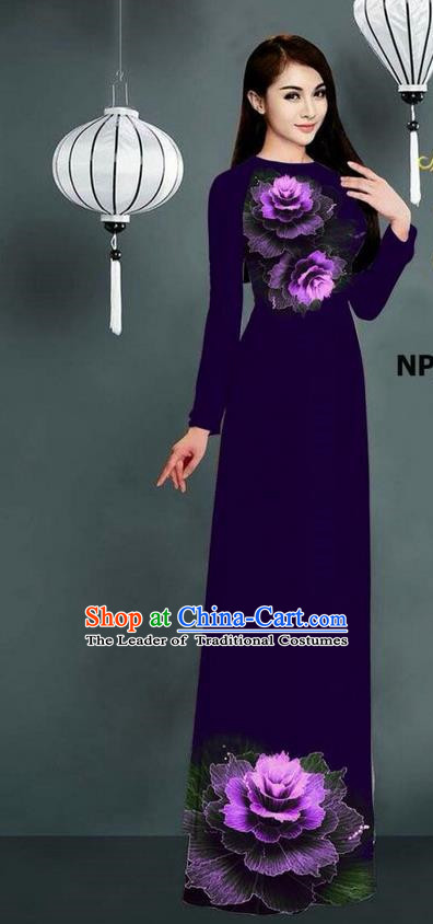 Top Grade Asian Vietnamese Costumes Classical Jing Nationality Printing Long Cheongsam, Vietnam National Clothing Bride Traditional Deep Purple Ao Dai Dress